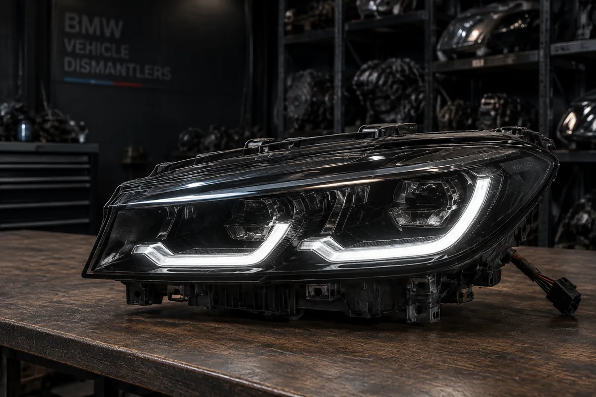 Genuine used BMW LED headlight on a dismantler workbench